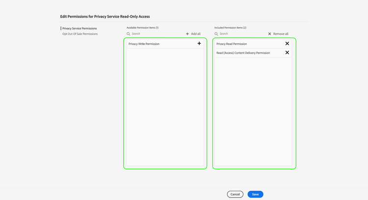 The available and included permission columns.