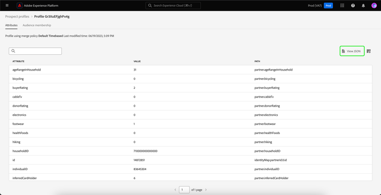 The View JSON button is highlighted on the prospect profile details page.