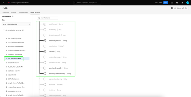 The selected contributing schema is highlighted. The fields that are part of the contributing schema remain in black, while the fields that are not part of the contributing schema are greyed out.