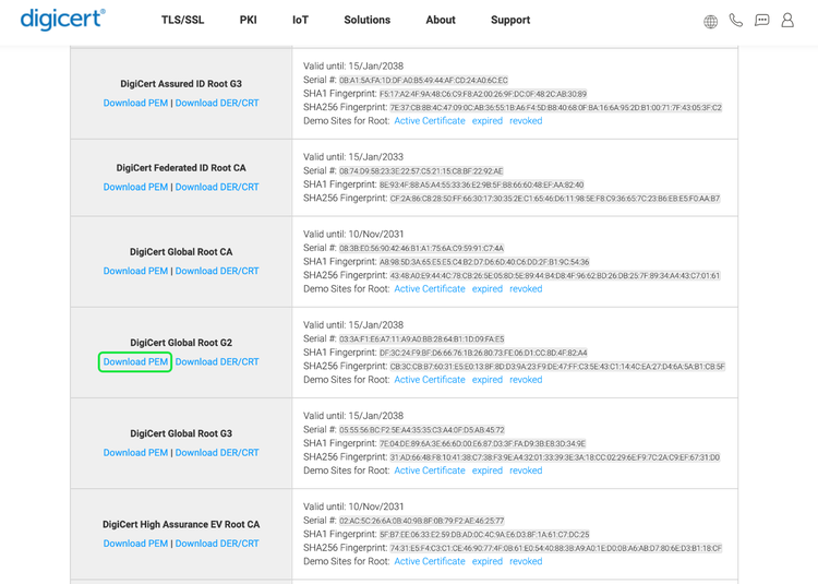 The list of available DigiCert root certificates with Download PEM highlighted.