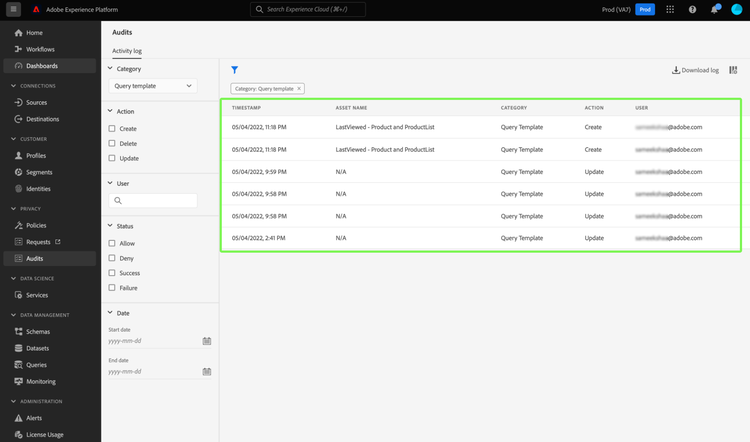 The Audits dashboard with the filtered activity log highlighted.