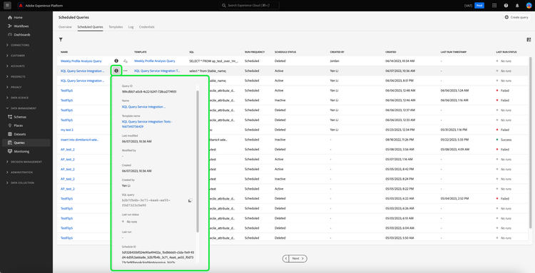 The Scheduled Queries tab with the information icon and the details panel highlighted.