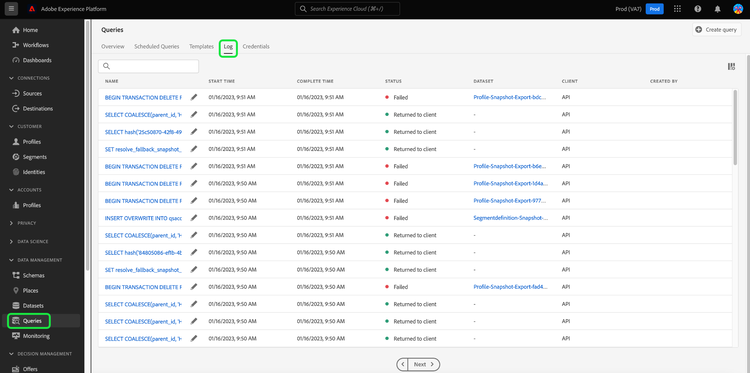 The Platform UI with Queries and Log highlighted.