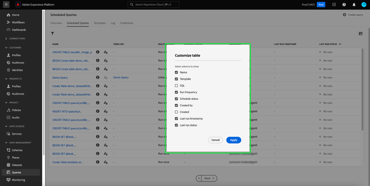 The Customize table settings dialog.