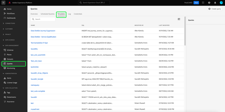 The queries workspace with the Templates tab highlighted.