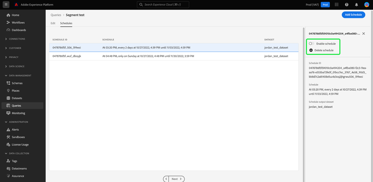 The schedules workspace with Disable schedule and Delete schedule highlighted.