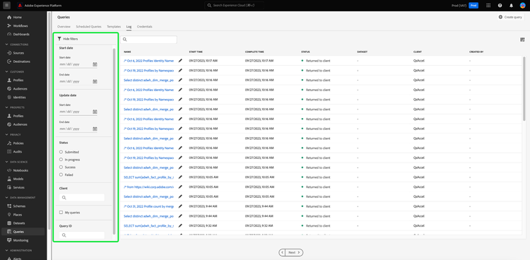 The Queries Log workspace with the filter options displayed and highlighted.