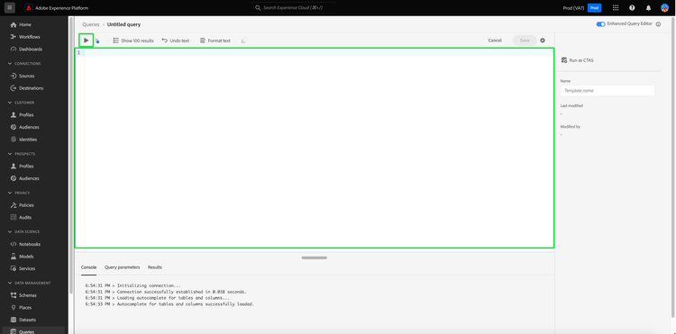 The Query Editor with the SQL input field and Play highlighted.