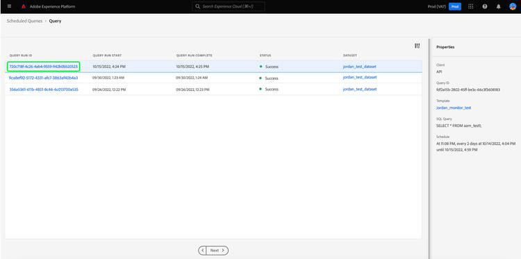 The schedule details screen with a run ID highlighted.