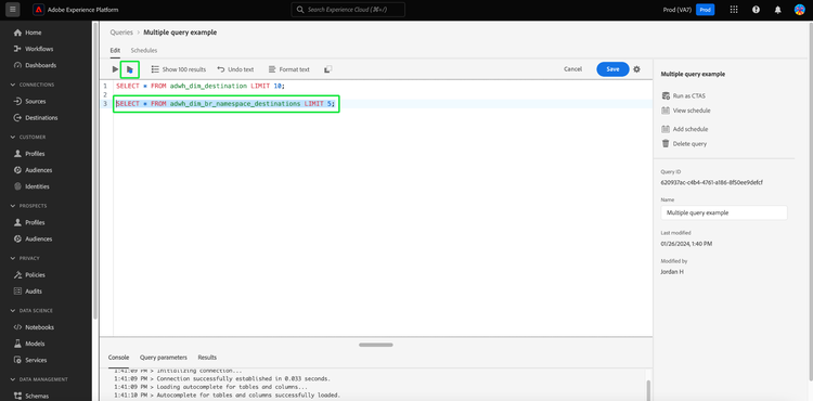 The Query Editor with the Run selected query icon highlighted.