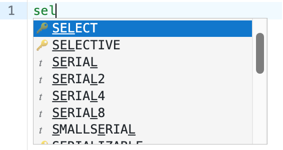 A few characters of SQL with the auto complete dropdown menu providing options from the Query Editor.