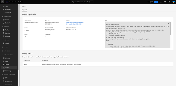 The Query log details view.