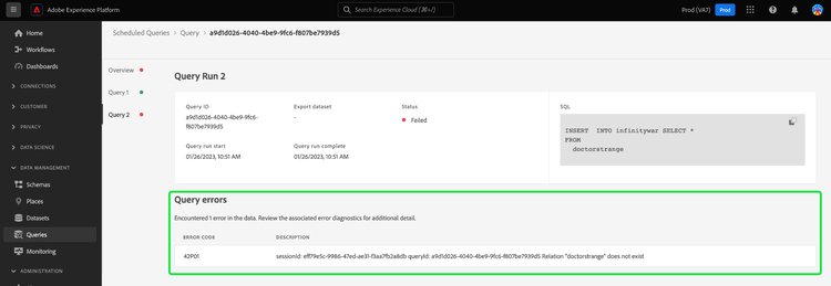 The Query run overview displaying an anonymous block query with the error code for a single block highlighted.