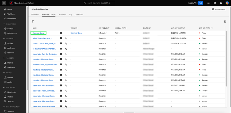 The Scheduled queries tab with a named template highlighted.