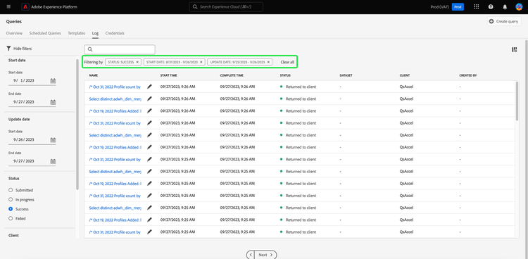 The Log tab of the Queries workspace, with the list of applied filters highlighted.