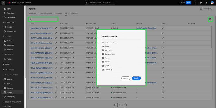 The Queries Log workspace with the search bar and manage column table dropdown highlighted.