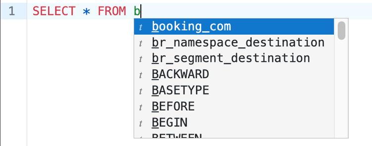 The Query Editor input displaying drop down table name suggestions.