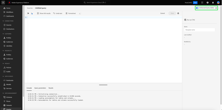 The Query Editor with the enhanced Query Editor toggle highlighted.