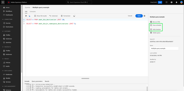 The Query Editor wih View schedule and Add schedule highlighted.