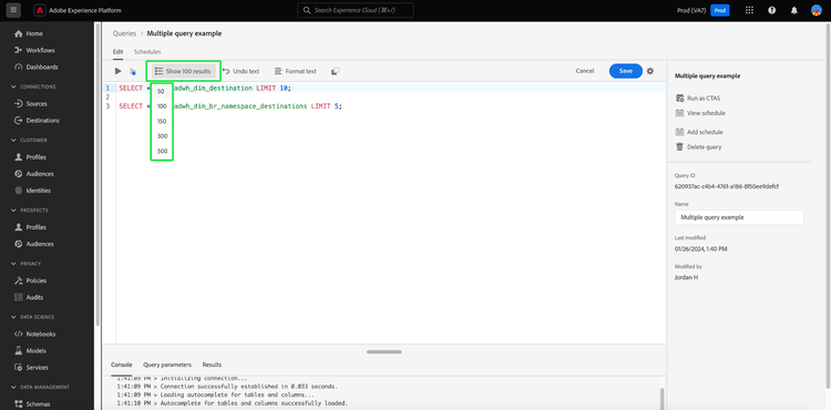 The Query Editor with the Result count dropdown highlighted.