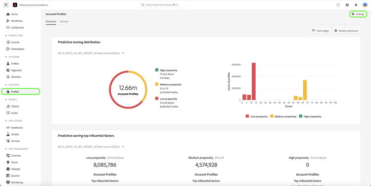 Experience Platform UI highlighting profiles and settings.