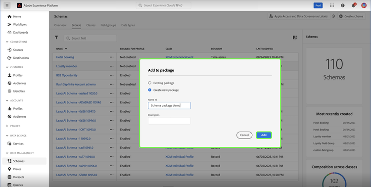 The Add to package dialog with Create new package selected and highlighting Add.