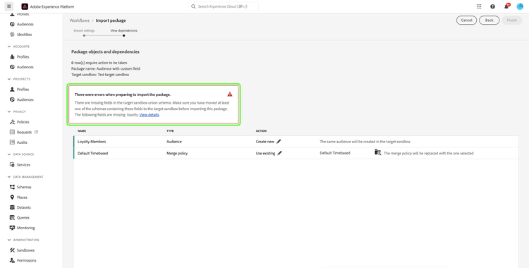 The Package object and dependencies page shows missing attributes.