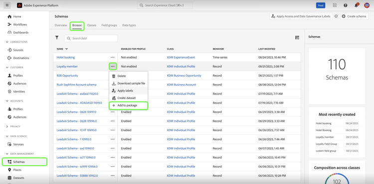 List of schemas showing the dropdown menu highlighting the Add to package control.