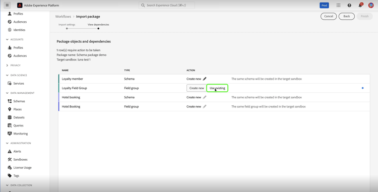 The Package object and dependencies page showing dependent object options Create new and Use existing.