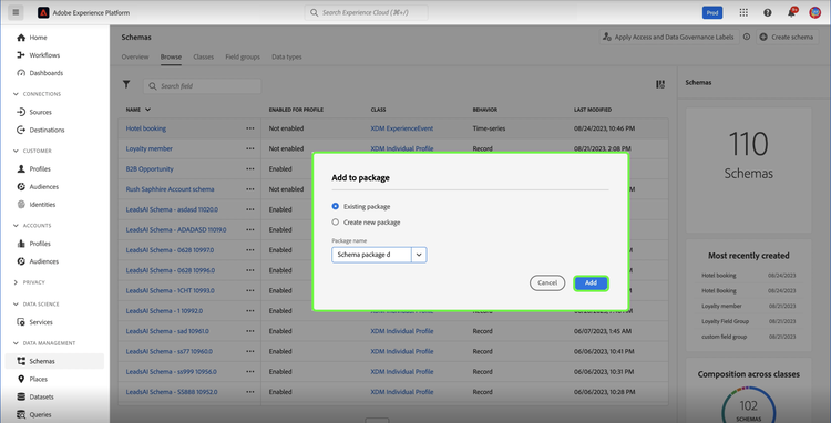 Add to package dialog, showing a selected package from the dropdown.