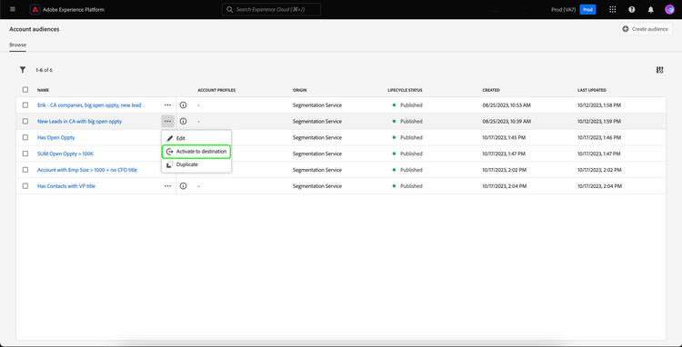 The Activate to destination button is highlighted in the quick actions menu for the selected audience.