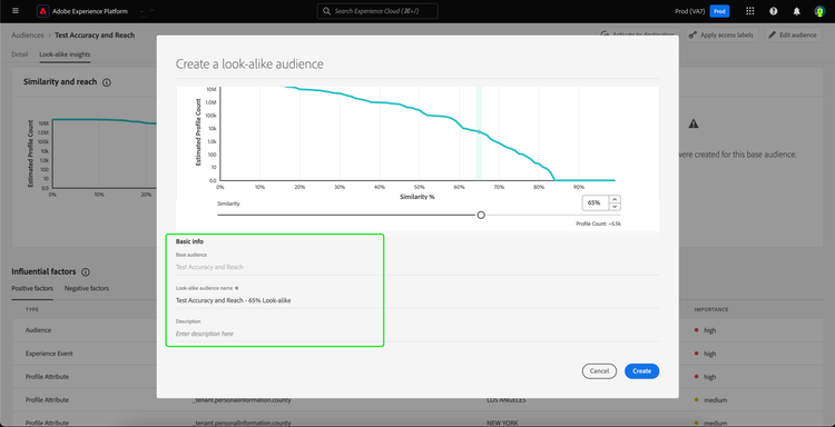 The basic information is highlighted within the Create a look-alike audience popover.