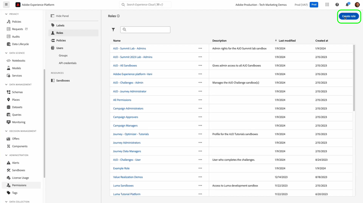 Create a role and add it to the Sandbox