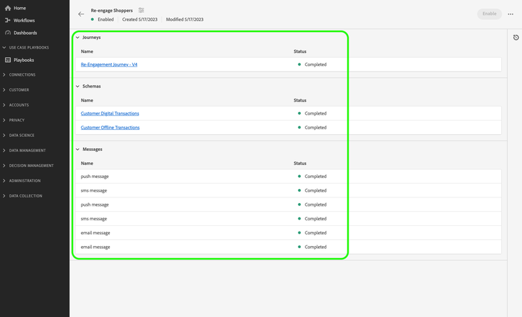 Playbook view of generated assets after being enabled.