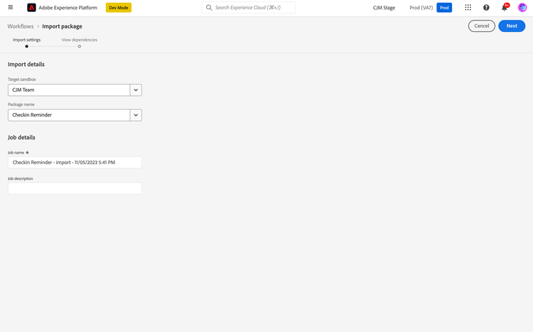 Initiate import workflow, select target, confirm package, add job details.