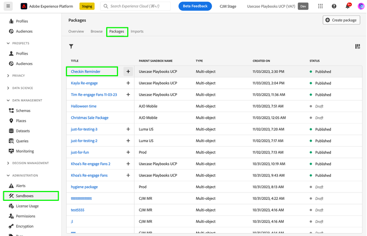 Packages tab in the Sandboxes page