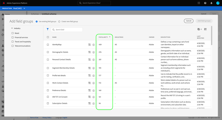 The popularity column of the Add field group dialog.