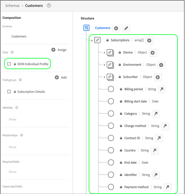 The Customers schema in the Schema Editor with the class and structure highlighted