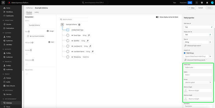 The Schema Editor with the constraint fields highlighted in the Field properties sidebar.