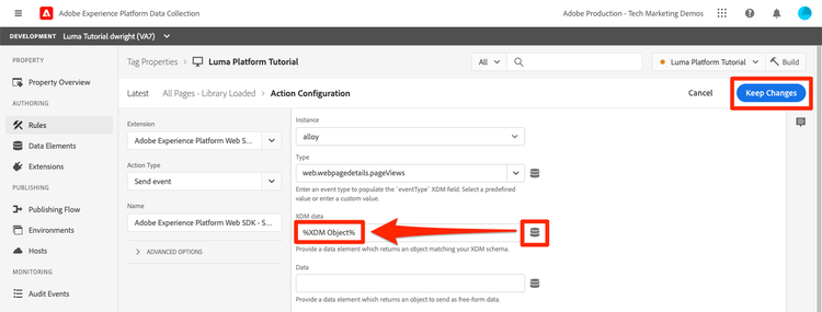 Add the XDM data to your Send Event action