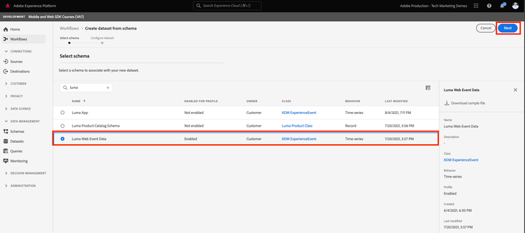 Dataset, select schema