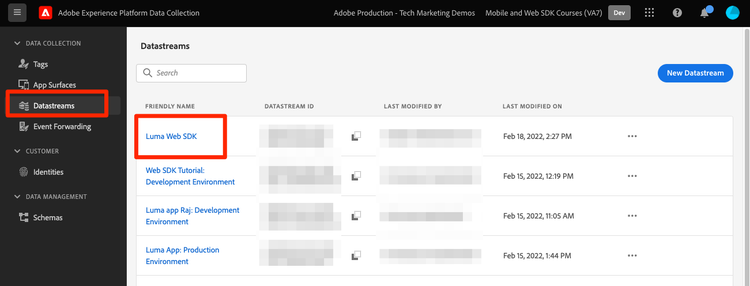 Select the Luma Web SDK datastream