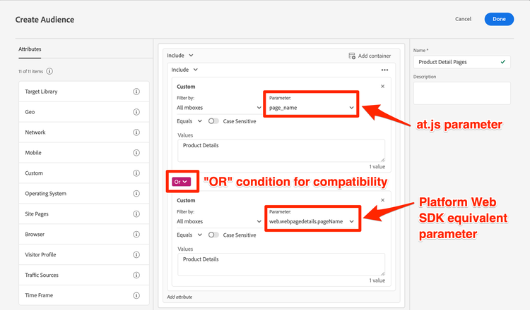 How to view update a Target audience for Platform Web SDK compatibility