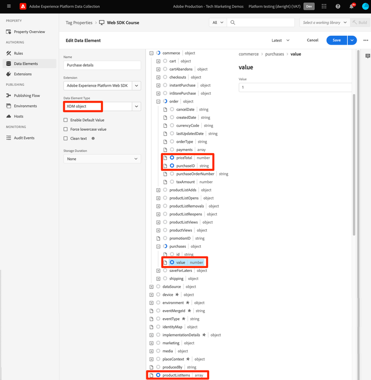 Mapping to an XDM field in an XDM Object data element