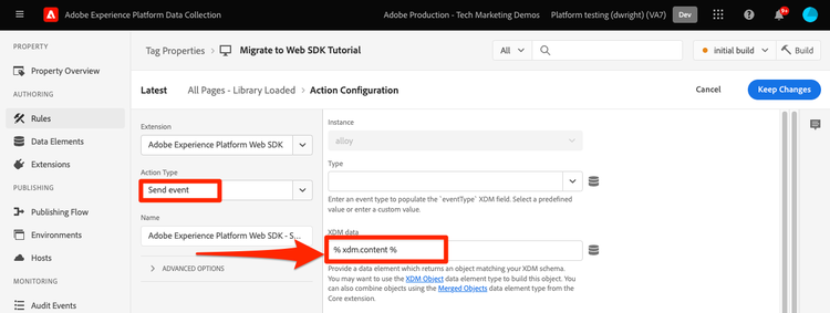 Including an XDM object data element in a Send event