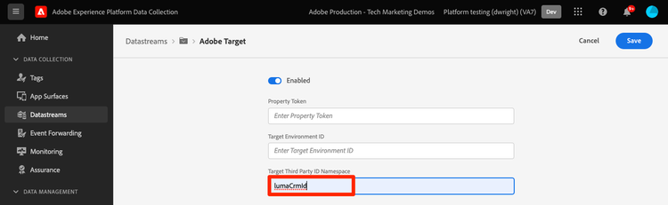 Set the Target Third Party ID Namespace in the datastream