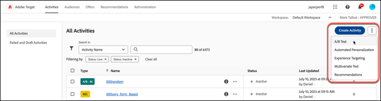 Create Activity drop-down list