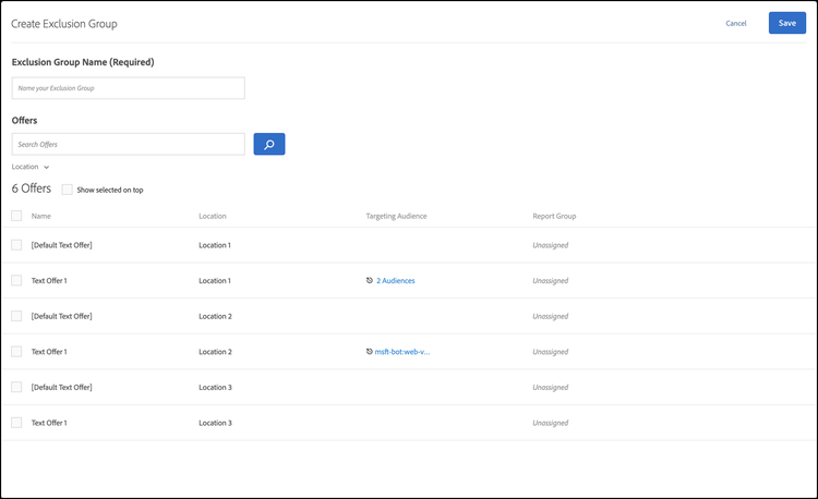 Create Exclusion Group dialog box