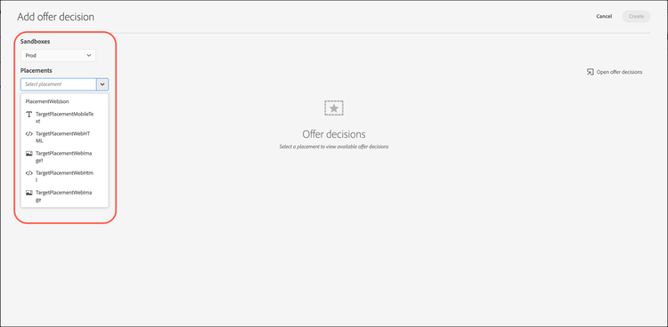 Sandbox and Placements drop-down lists in the Add Offer Decision dialog box