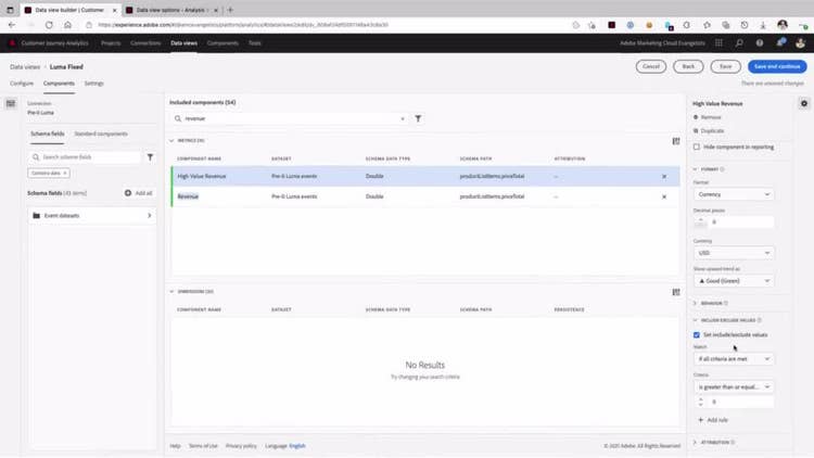 Include or exclude metric values in Data Views